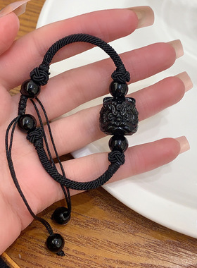 黑曜石貔貅手链银耀狮子头编绳手链男女通用简约大气小众醒狮国风
