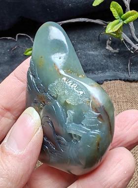 新疆和田玉籽料青花山水意境手把件苏工精雕油润男女国风山居秋暝