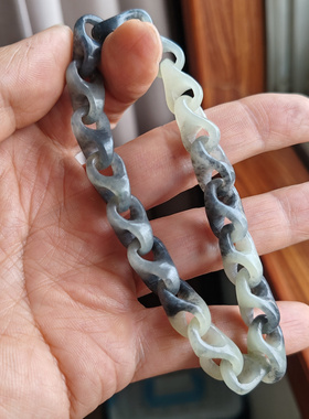 和田玉青花玉苏工雕一体锁链手链