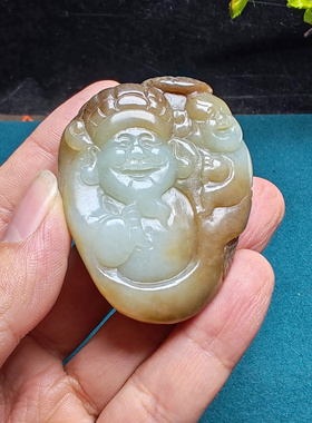 新疆和田玉且末糖青白玉财神童子手把件苏工精品男女国风招财进宝
