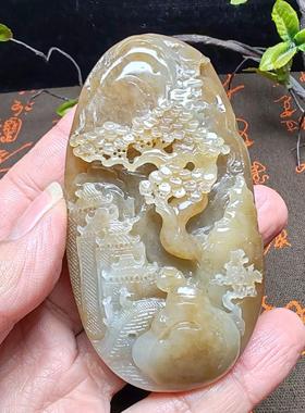 新疆和田玉且末糖玉山水意境手把件苏工高档珍藏男女国风宁静致远