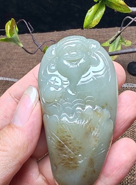 财神手把件和田玉且末糖青白玉