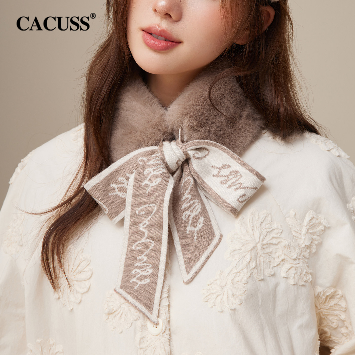 CACUSS毛绒小围巾女秋冬新款针织交叉围脖保暖毛领子护颈防寒脖套