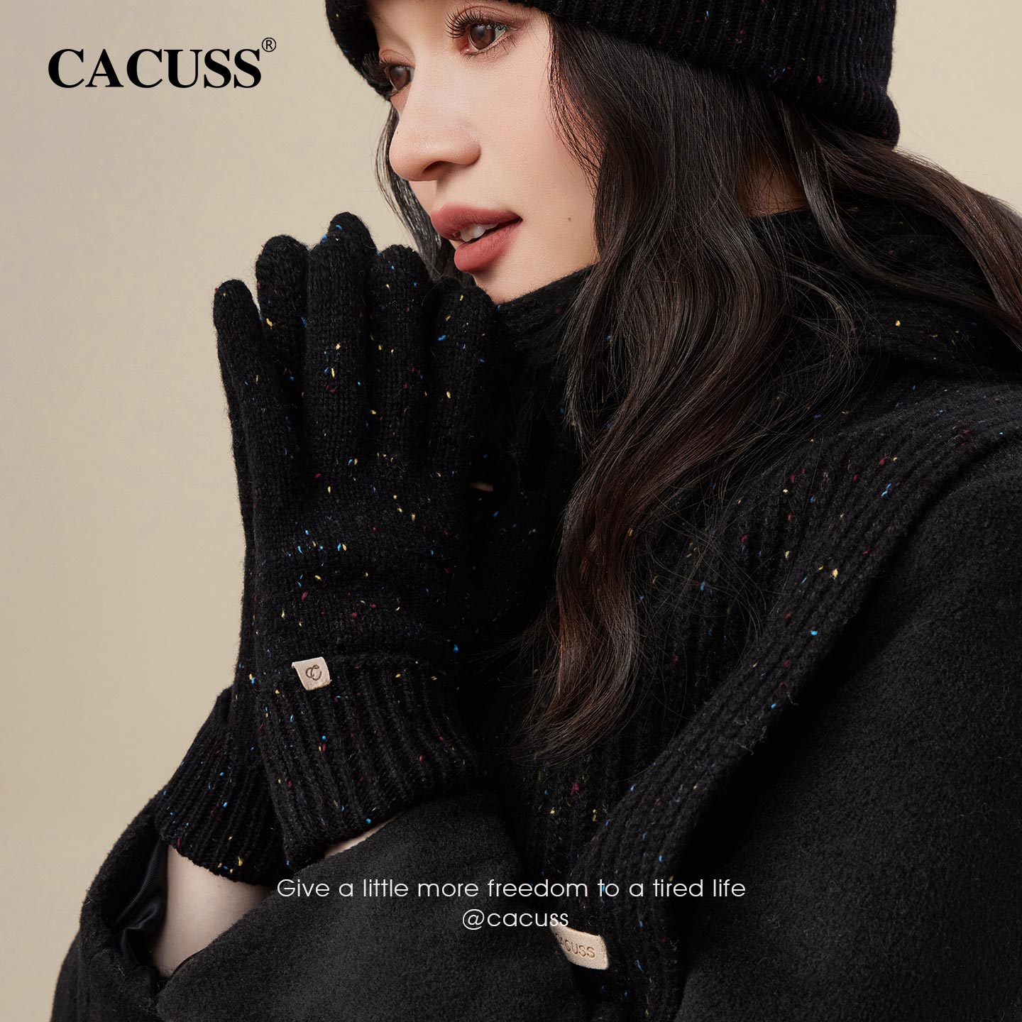 CACUSS绵羊毛针织手套女冬季加厚保暖防寒露指可触屏骑行分指手套 - 图1