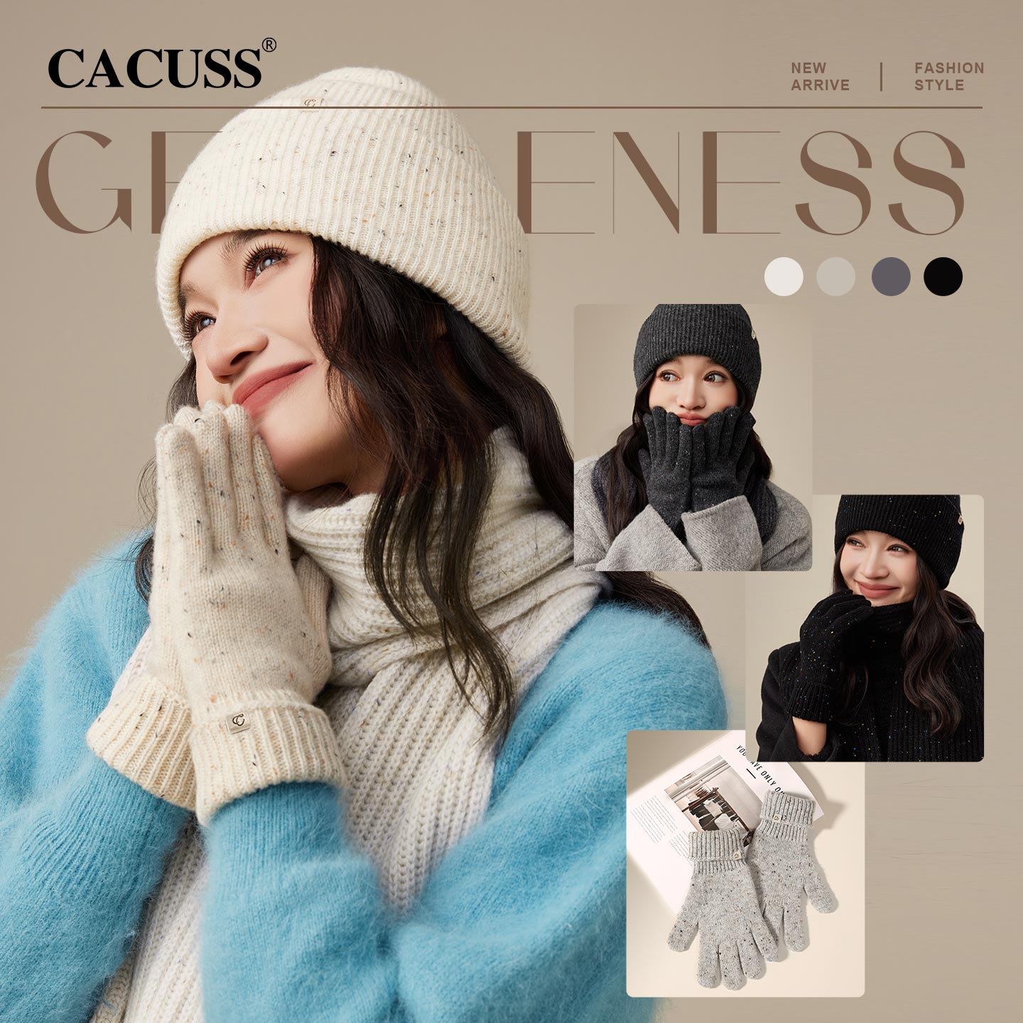 CACUSS绵羊毛针织手套女冬季加厚保暖防寒露指可触屏骑行分指手套 - 图2