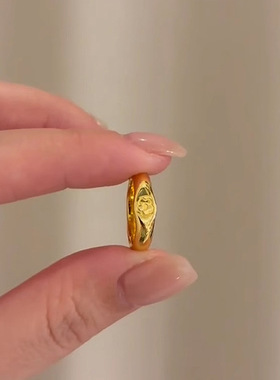 PURE法式太阳花戒指女大学生可爱ins风新款古法金色素圈雕花指环