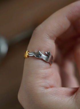 PURE星月兔子戒指女唐风敦煌纹样拉丝镀18k金新中式开口食指戒指