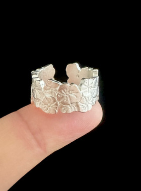 PURE新中式浮萍花瓣戒指女做旧老银色古典旗袍汉服配饰开口食指戒