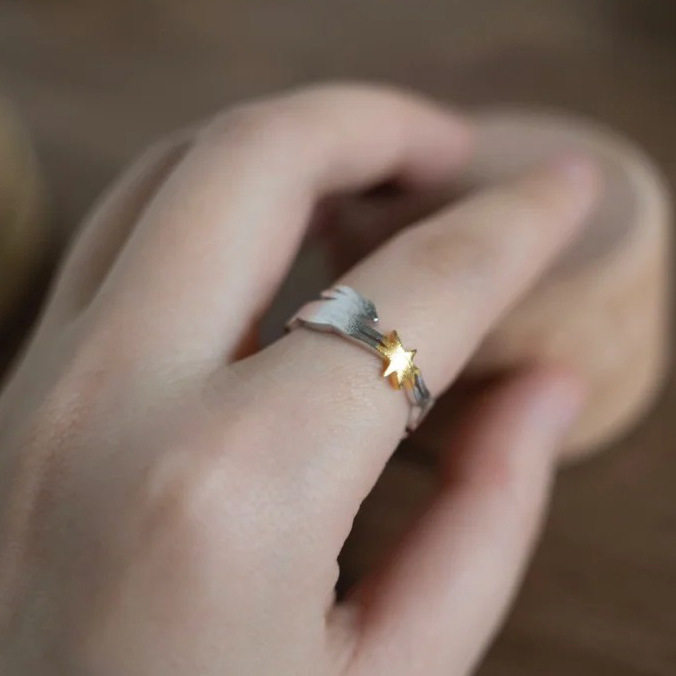 PURE星月兔子戒指女唐风敦煌纹样拉丝镀18k金新中式开口食指戒指,淘宝优惠券,粉丝福利购,淘宝优惠卷