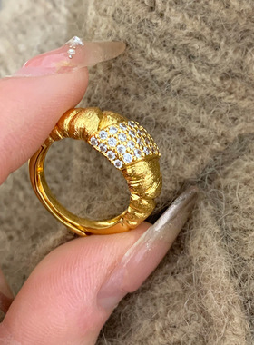 PURE意大利复古拉丝牛角包戒指Vintage中古风面包闪钻指环尾戒