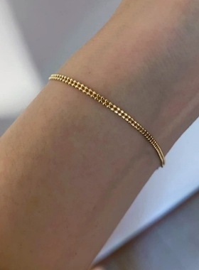 PURE素银手链女S925纯银镀14K金极简双层珠珠手链小众基础款手饰