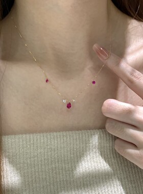 PURE法式精致闪钻水滴吊坠项链女轻奢小众设计简约百搭红色锁骨链