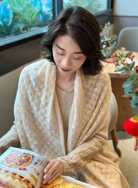 2026春秋冬针织开衫女薄羊毛衫百搭披肩外套V领镂空花边带扣围巾