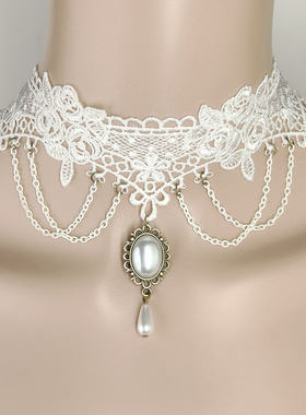 她的盛宴明星同款白色蕾丝珍珠合金流苏项链复古宫廷新娘颈链
