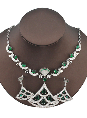 盈公主同款创意花朵叶子满钻项链耳钉套装文艺复古轻奢女式饰品