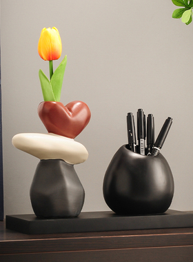 石来运转笔筒摆件高档高级感办公室桌面老师插花乔迁实用祝福礼物