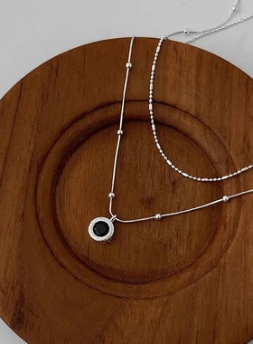 s925纯银黑玛瑙双层项链女ins秋冬款毛衣链小众清冷感圆珠蛇骨链