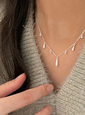 S925纯银水滴锆石项链流苏锁骨链
