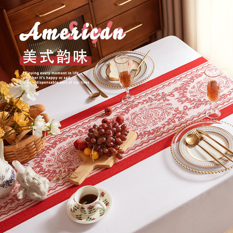 红色美式桌旗复古轻奢高级感高端餐桌长条盖布茶几电视柜布置装饰,淘宝优惠券,粉丝福利购,淘宝优惠卷