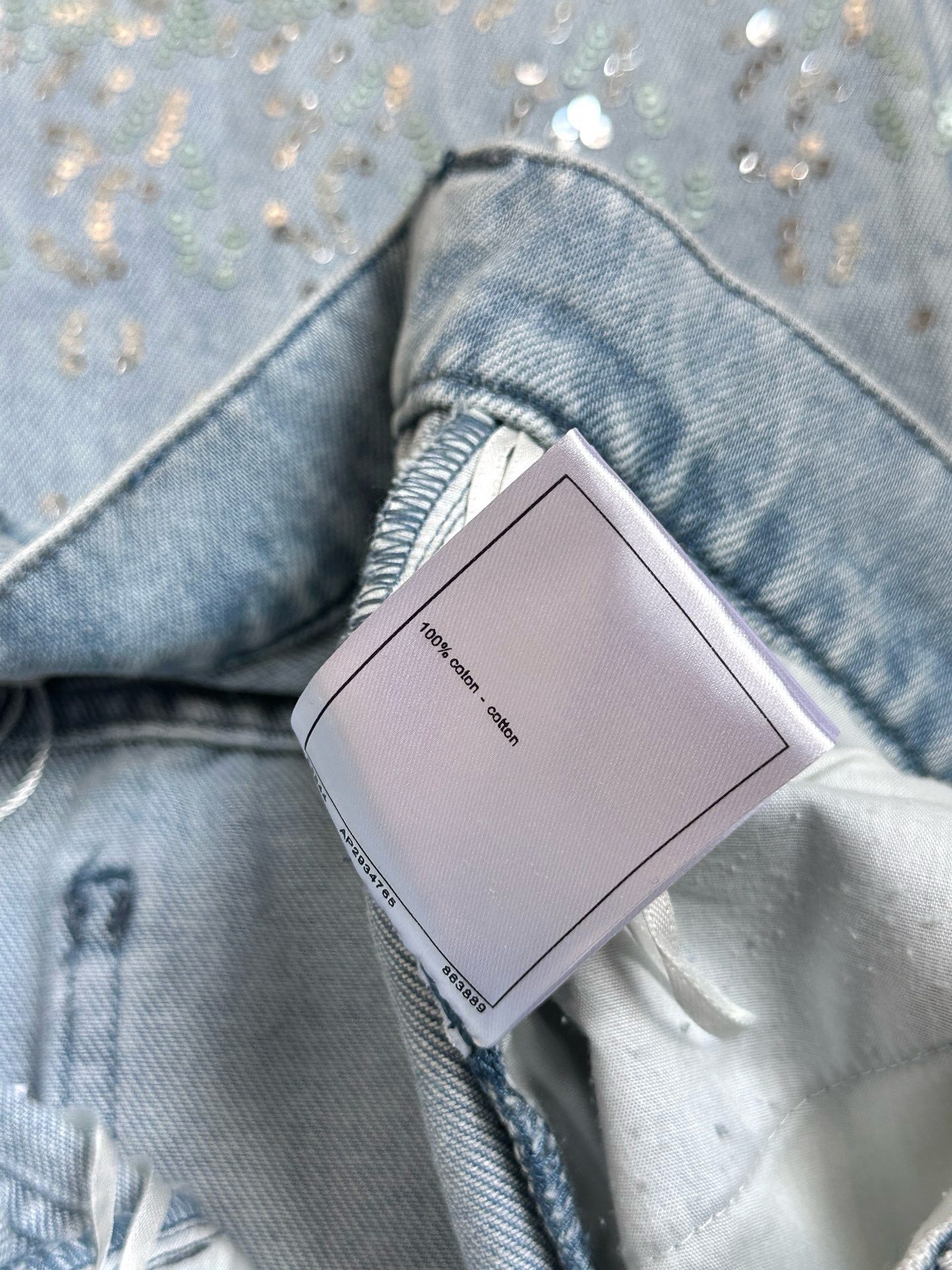 2025新款重工珠片刺绣钉珠裤脚拼色浅蓝色牛仔裤休闲阔腿长裤,淘宝优惠券,粉丝福利购,淘宝优惠卷