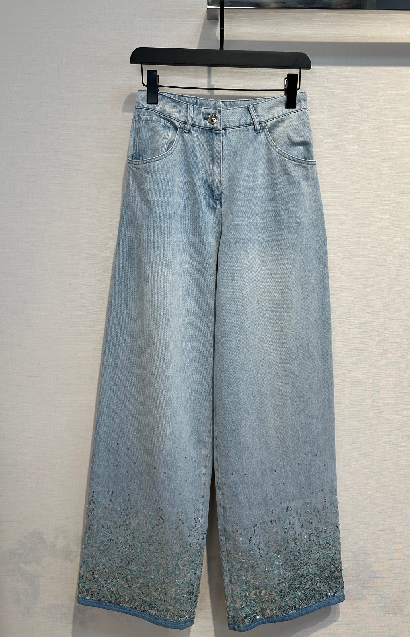 2025新款重工珠片刺绣钉珠裤脚拼色浅蓝色牛仔裤休闲阔腿长裤,淘宝优惠券,粉丝福利购,淘宝优惠卷