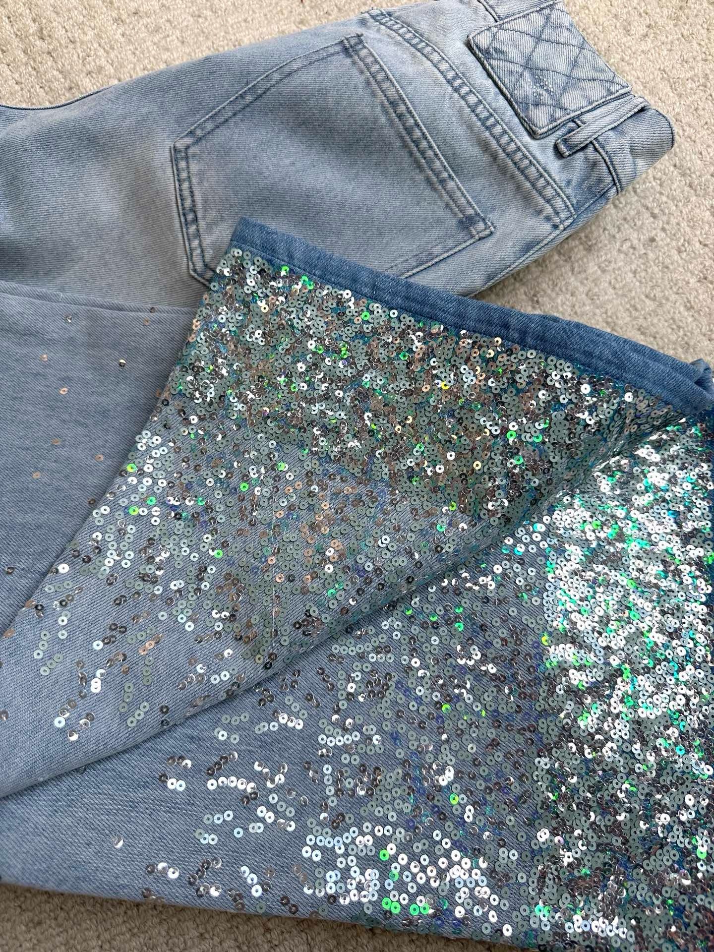 2025新款重工珠片刺绣钉珠裤脚拼色浅蓝色牛仔裤休闲阔腿长裤,淘宝优惠券,粉丝福利购,淘宝优惠卷