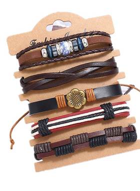 调节复古男手链手镯5组 真牛皮手链女情侣手环 hand catenary men