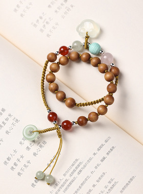 女民族风檀香木如意锁双圈手串