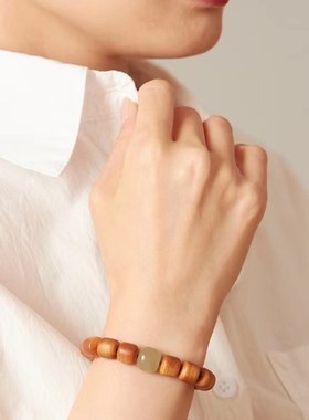 情侣崖柏木民族风和田玉石手串