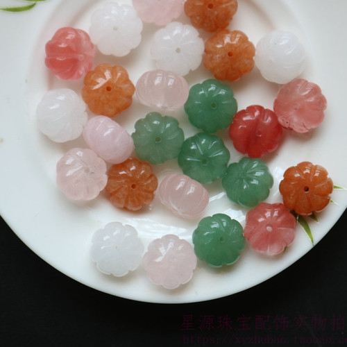 天然粉晶南瓜珠 红绿东陵白玉瓜楞珠西瓜晶雕刻珠diy手串隔珠材料 - 图0