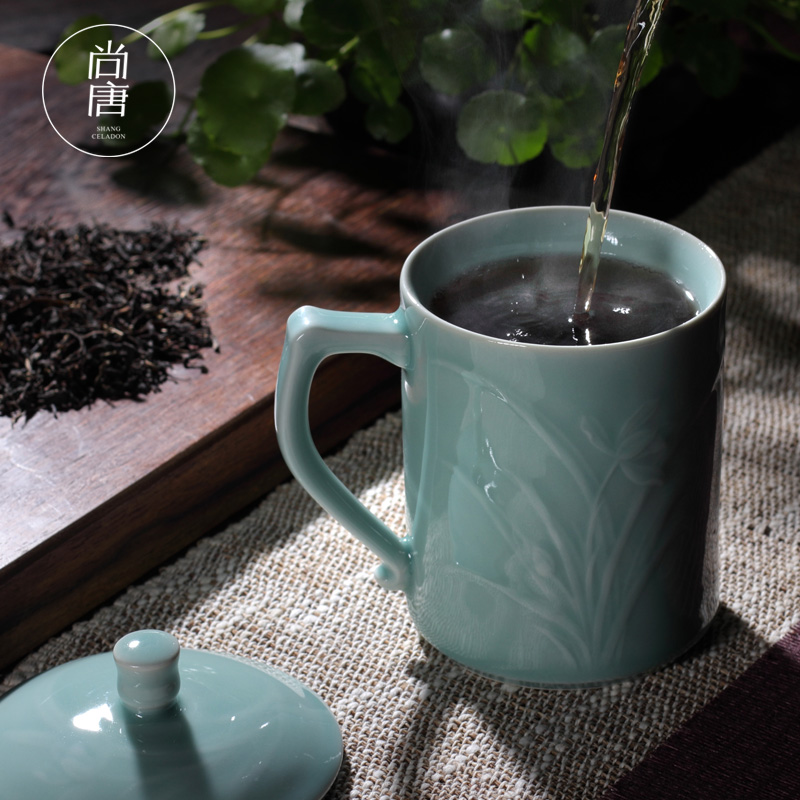 陶瓷杯茶杯办公杯会议室泡茶杯子龙泉市青瓷水杯带盖大容量泡茶杯-图1