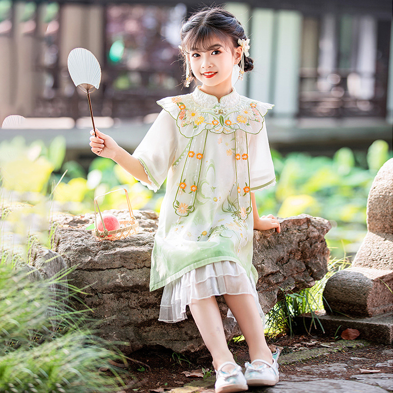 儿童旗袍女童夏季新款云肩薄款小女孩花朵清新优雅民国风连衣裙夏 - 图0