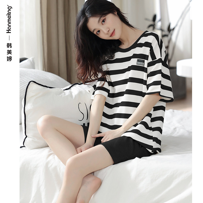夏季短袖短裤家居服条纹纯棉睡衣 韩美婷睡衣/家居服套装