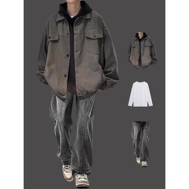 休闲搭配潮牌痞帅男牛仔宽松春秋季高街外套一套套装潮流夹克男装,淘宝优惠券,粉丝福利购,淘宝优惠卷