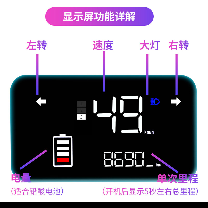 电动车仪表液晶显示屏通用48V60V72V里程锂电池速度表电量配件 - 图0