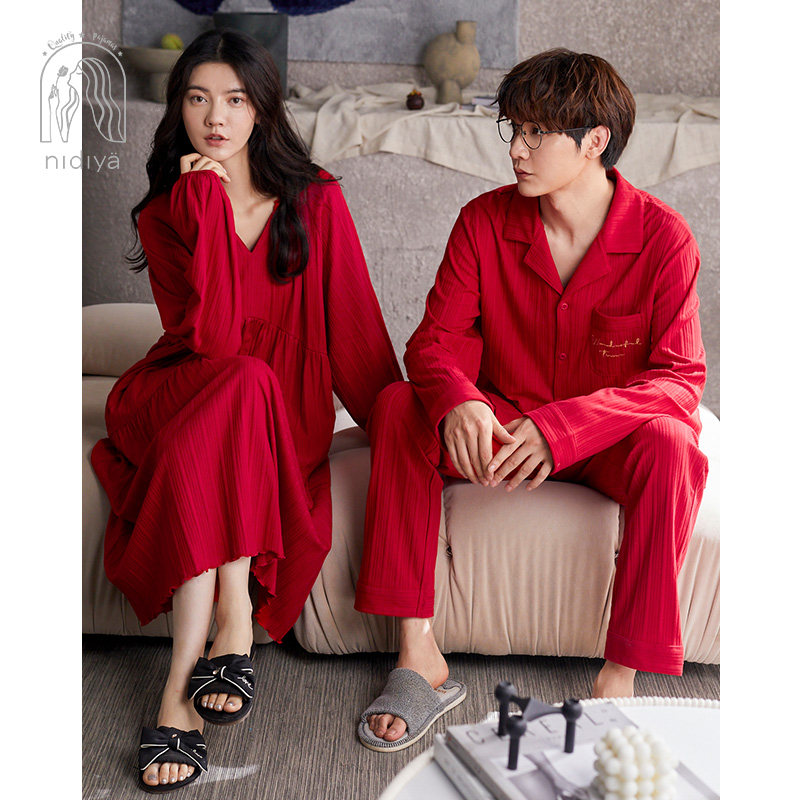 妮狄娅情侣春秋款中长纯棉男士睡裙 妮狄娅汕头睡衣/家居服套装