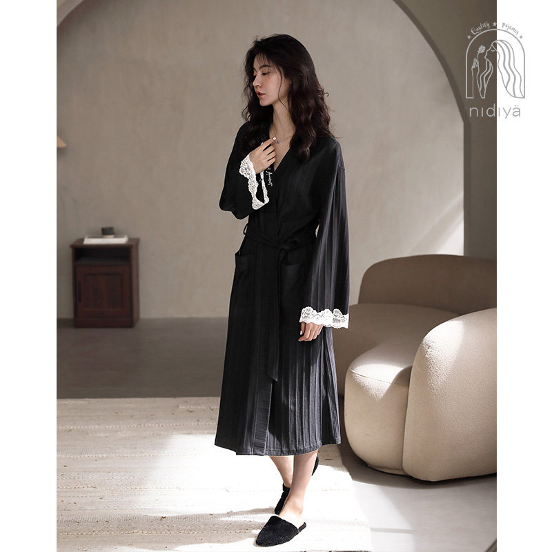 妮狄娅睡裙女士春秋季纯棉睡袍长袖款简约条纹蕾丝花边家居服套装,淘宝优惠券,粉丝福利购,淘宝优惠卷