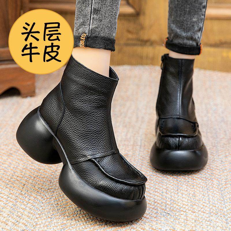头层牛皮增高跟厚底加绒保暖短靴英伦风松糕底女靴真皮粗跟马丁靴,淘宝优惠券,粉丝福利购,淘宝优惠卷