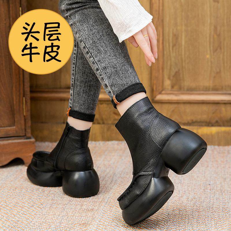 头层牛皮增高跟厚底加绒保暖短靴英伦风松糕底女靴真皮粗跟马丁靴,淘宝优惠券,粉丝福利购,淘宝优惠卷