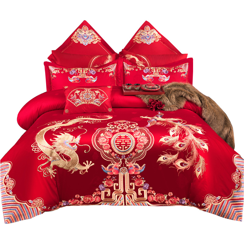婚庆四件套大红床上用品1.8m床结婚被子喜被被套床笠床裙款多件套-图0