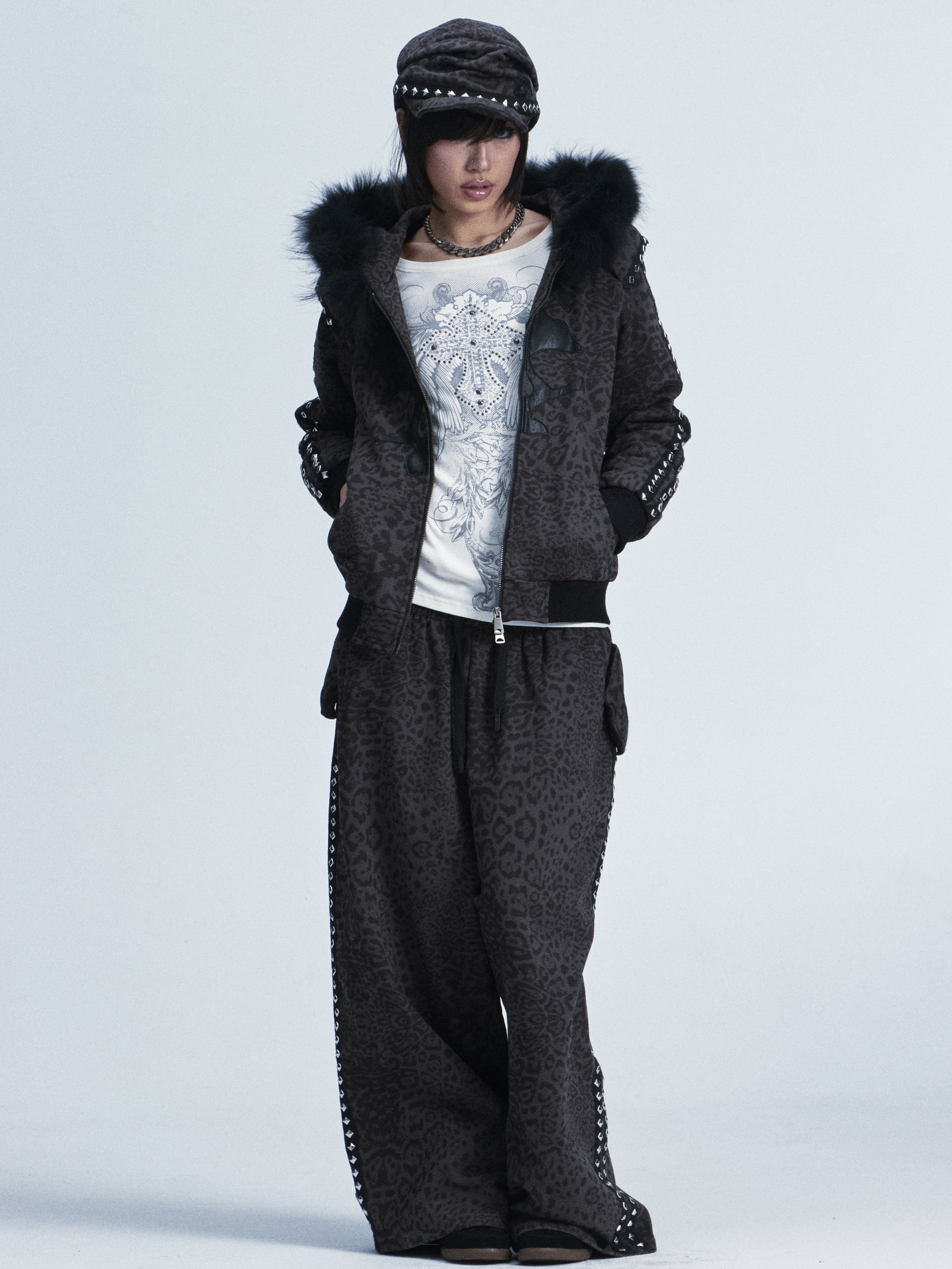 NONAME SPACE 宽松垫肩豹纹皮贴狐毛领毛绒连帽卫衣休闲裤套装,淘宝优惠券,粉丝福利购,淘宝优惠卷
