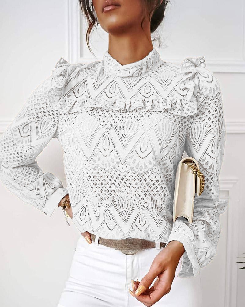 Lace Pleated Panel Long Sleeve Versatile Top性感长袖百搭上衣 - 图0