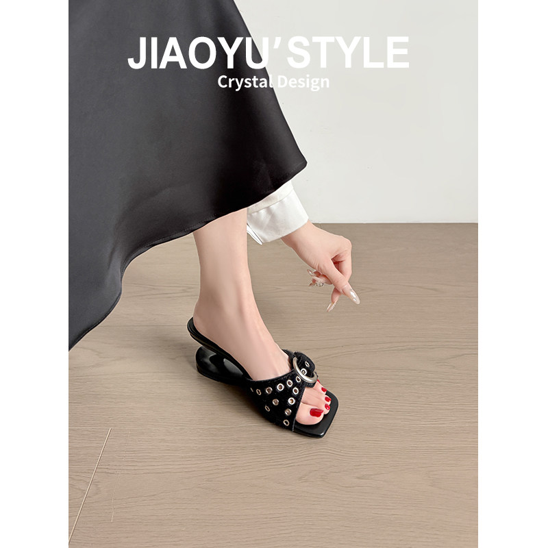 真皮骄屿复古豹纹一字拖女夏外穿2026新款方头露趾悬浮高跟凉拖鞋