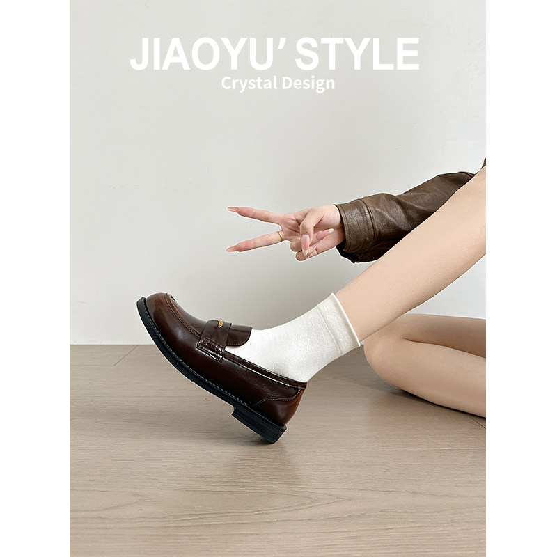 真皮~骄屿 内增高乐福鞋女小个子增高新款厚底单鞋高跟黑色小皮鞋