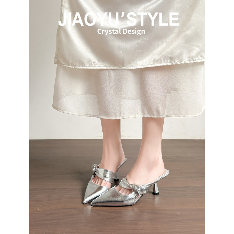 真皮~骄屿 高跟凉鞋女款夏季新款绝美凉单鞋外穿半拖鞋一字带凉拖