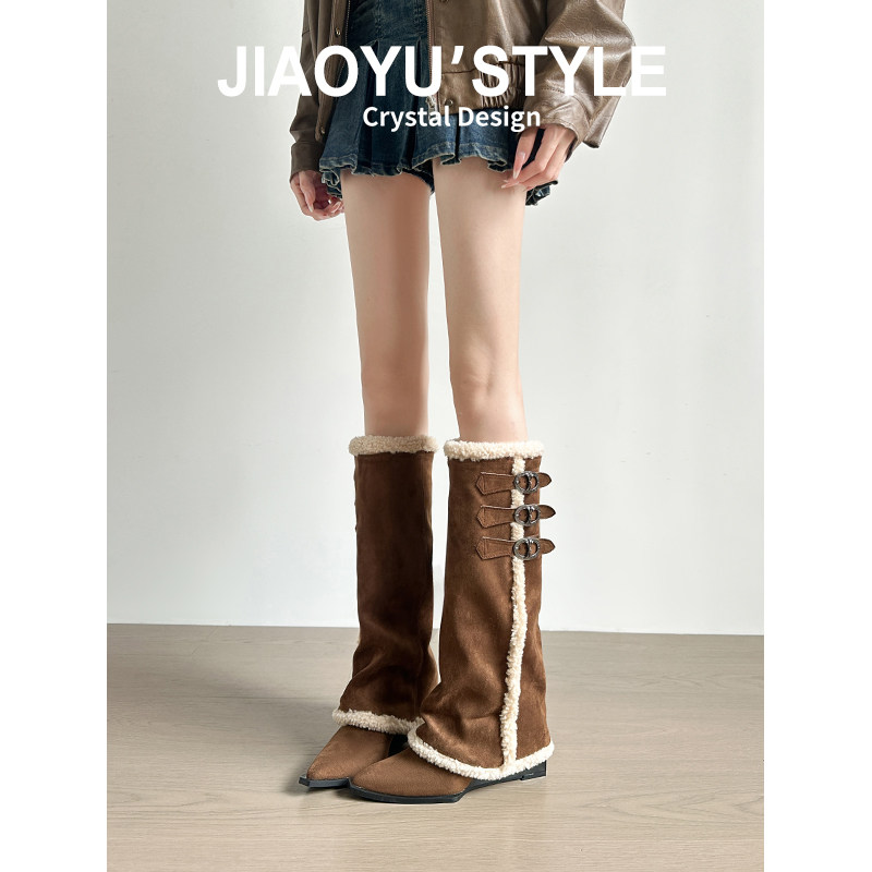 真皮~骄屿雪地靴2025新款冬季厚底加绒棉鞋保暖尖头皮带扣长筒靴