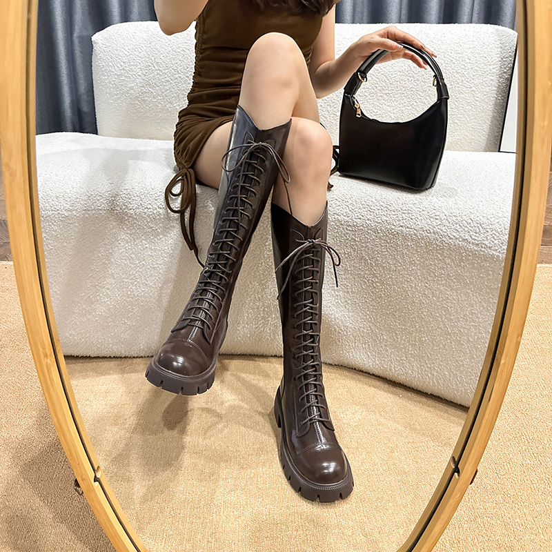 真皮~骄屿白色小筒围骑士靴女2023小个子厚底高筒长靴v口长筒靴子 - 图1