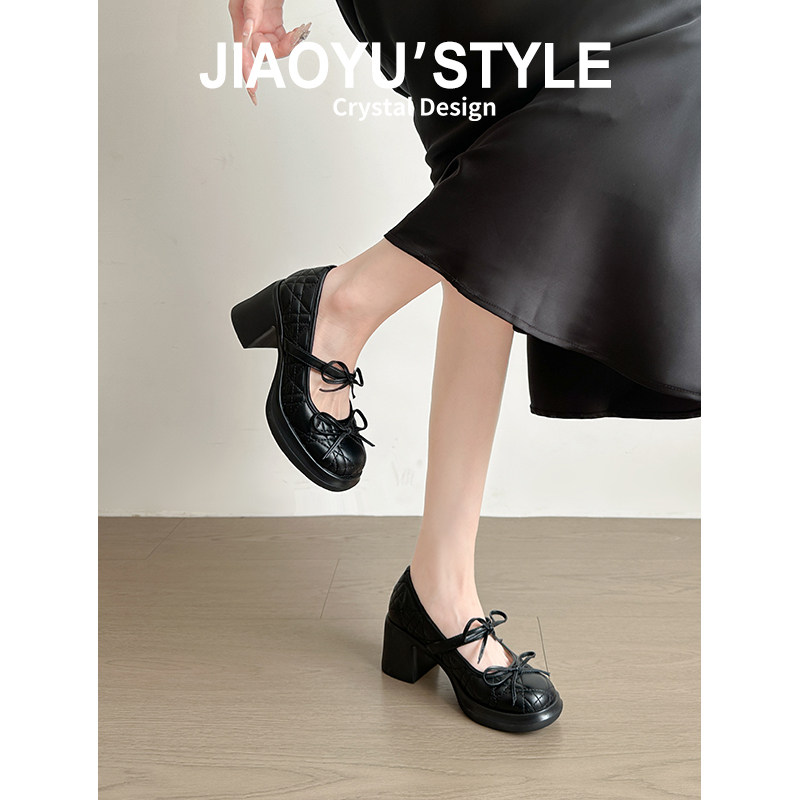 真皮~骄屿法式厚底玛丽珍高跟鞋女2026春新款百搭粗跟蝴蝶结单鞋