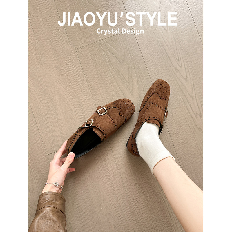 真皮~骄屿乐福鞋女复古雕花皮带扣通勤单鞋百搭巴洛克软底小皮鞋