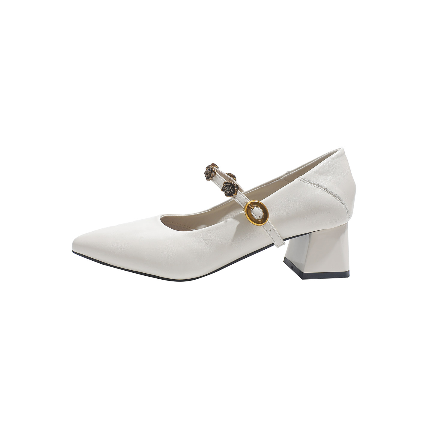 真皮~骄屿法式粗跟玛丽珍鞋女尖头通勤单鞋气质浅口一字带高跟鞋